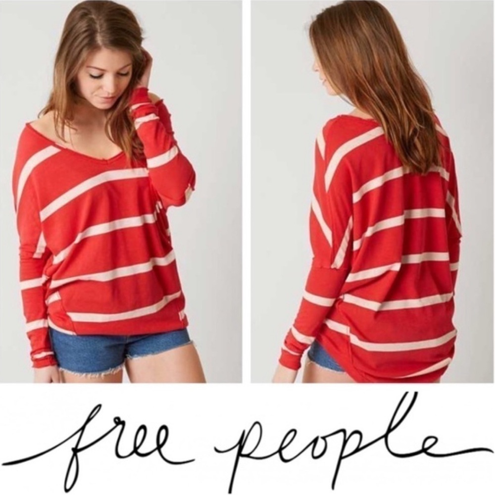 Free People We the Free Upstate Red Stripes Oversized Tee Distressed Cotton Med 